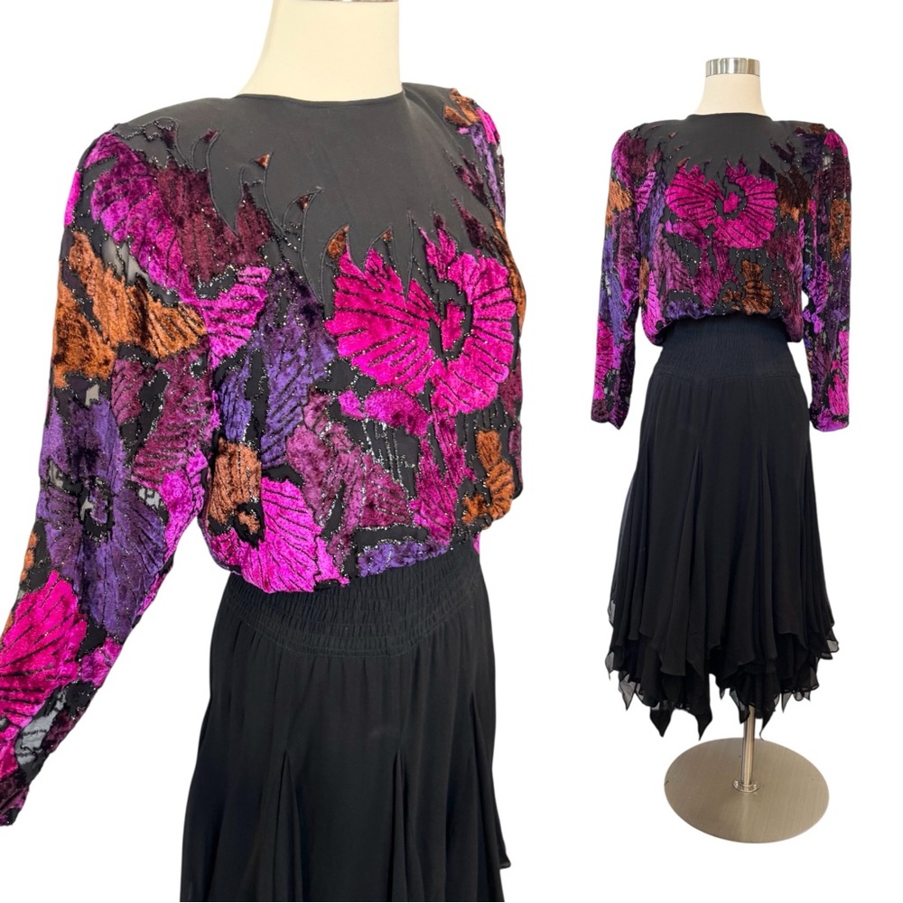 Vintage Diane Freis Limited Edition Silky Chiffon Velvet Burnout Ruffle 80 Dress